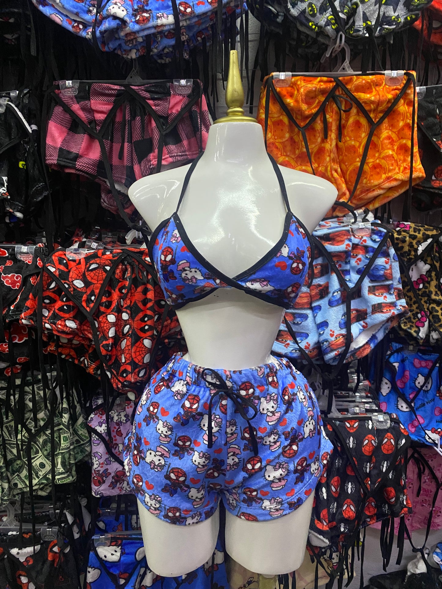 Spider kitty azul Pijama de dama short con top individual de dama afelpado