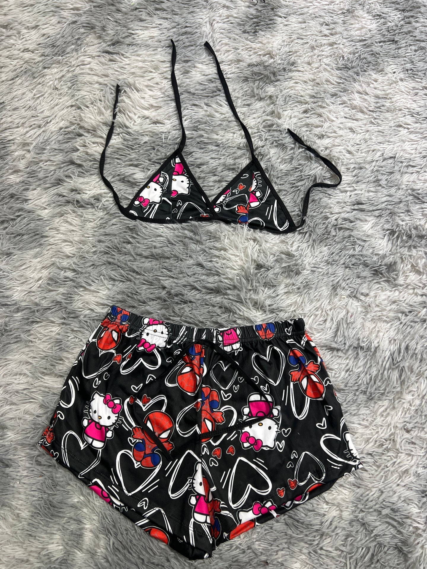 spider kitty negro con corazones blancos Top con short unitalla de brush