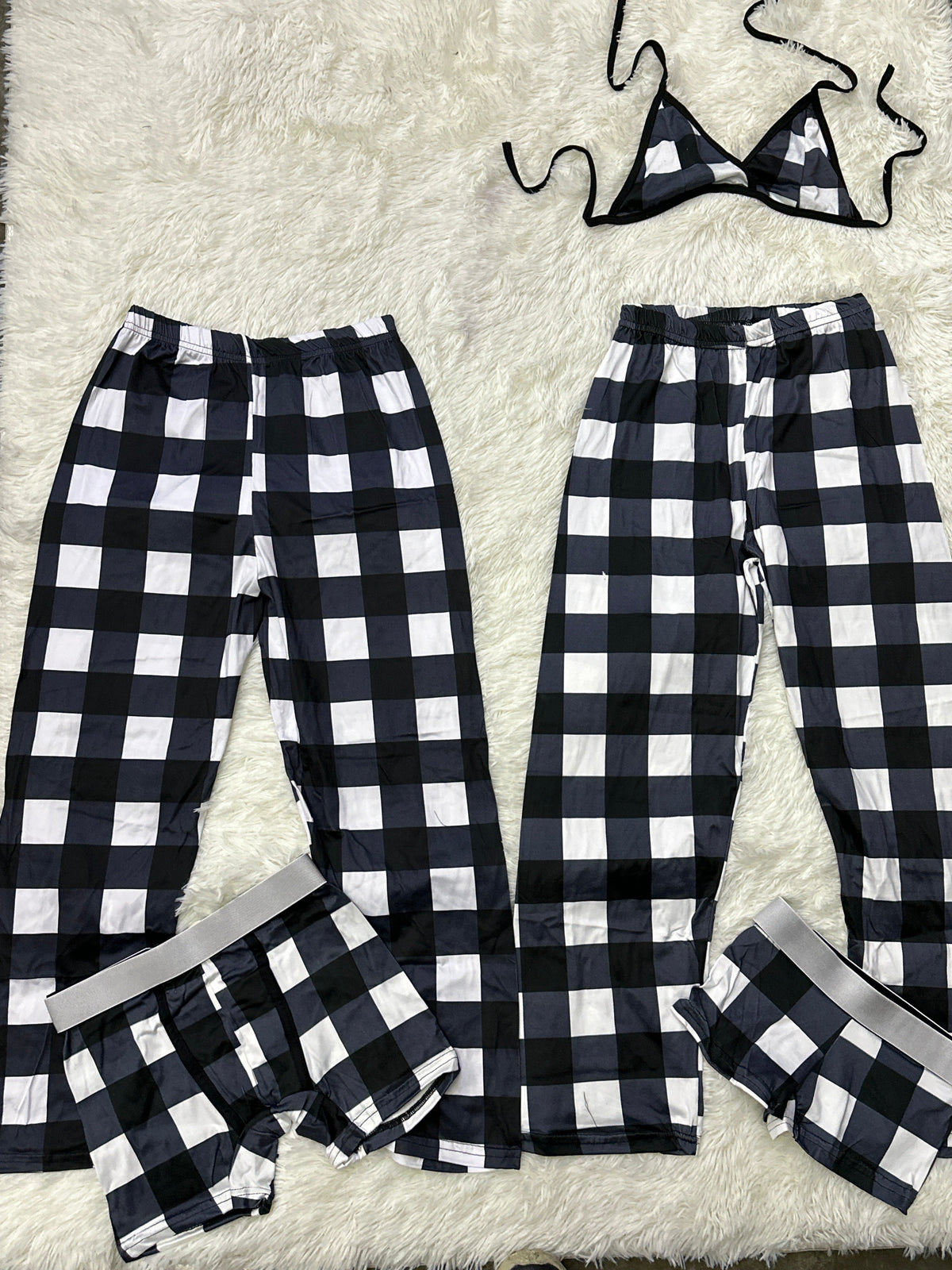 Negro Blanco Cuadros Pijama De 5 Piezas