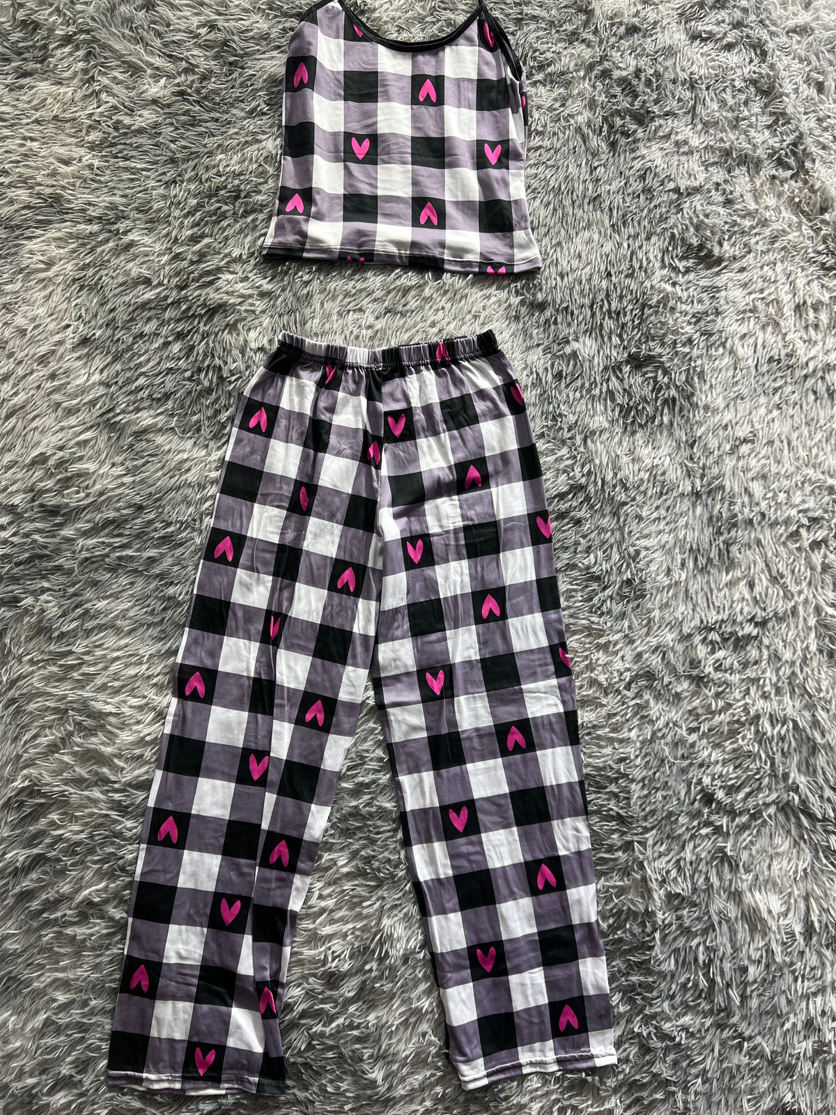 Cuadros Gris Con Corazones Blusa Con Pantalón Pijama De Dama