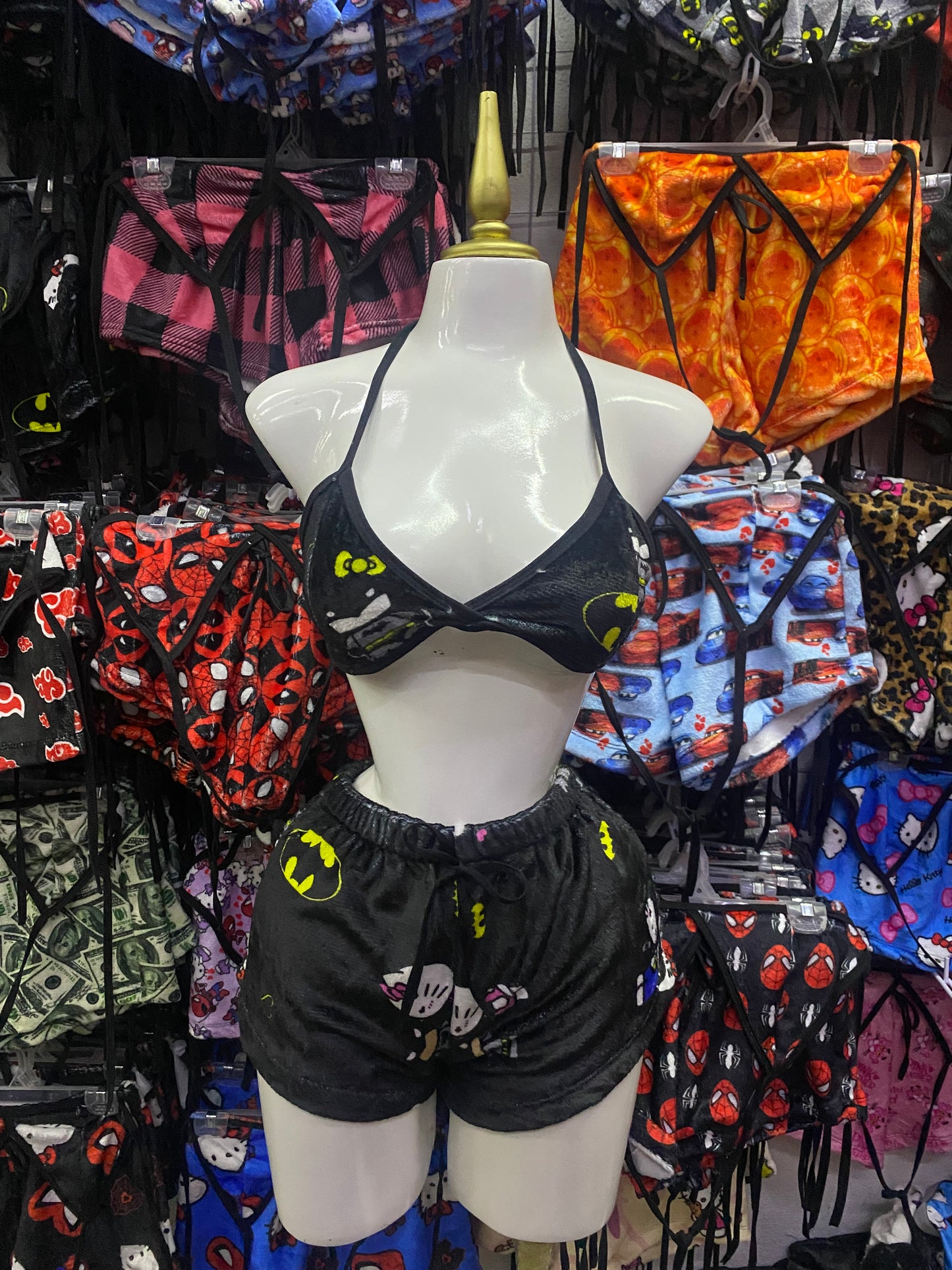 Kitty Batman beso amarillo Pijama de dama short con top individual de dama afelpado