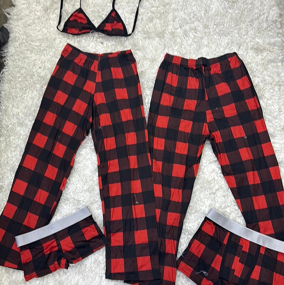 Rojo Cuadros Pijama De 5 Piezas