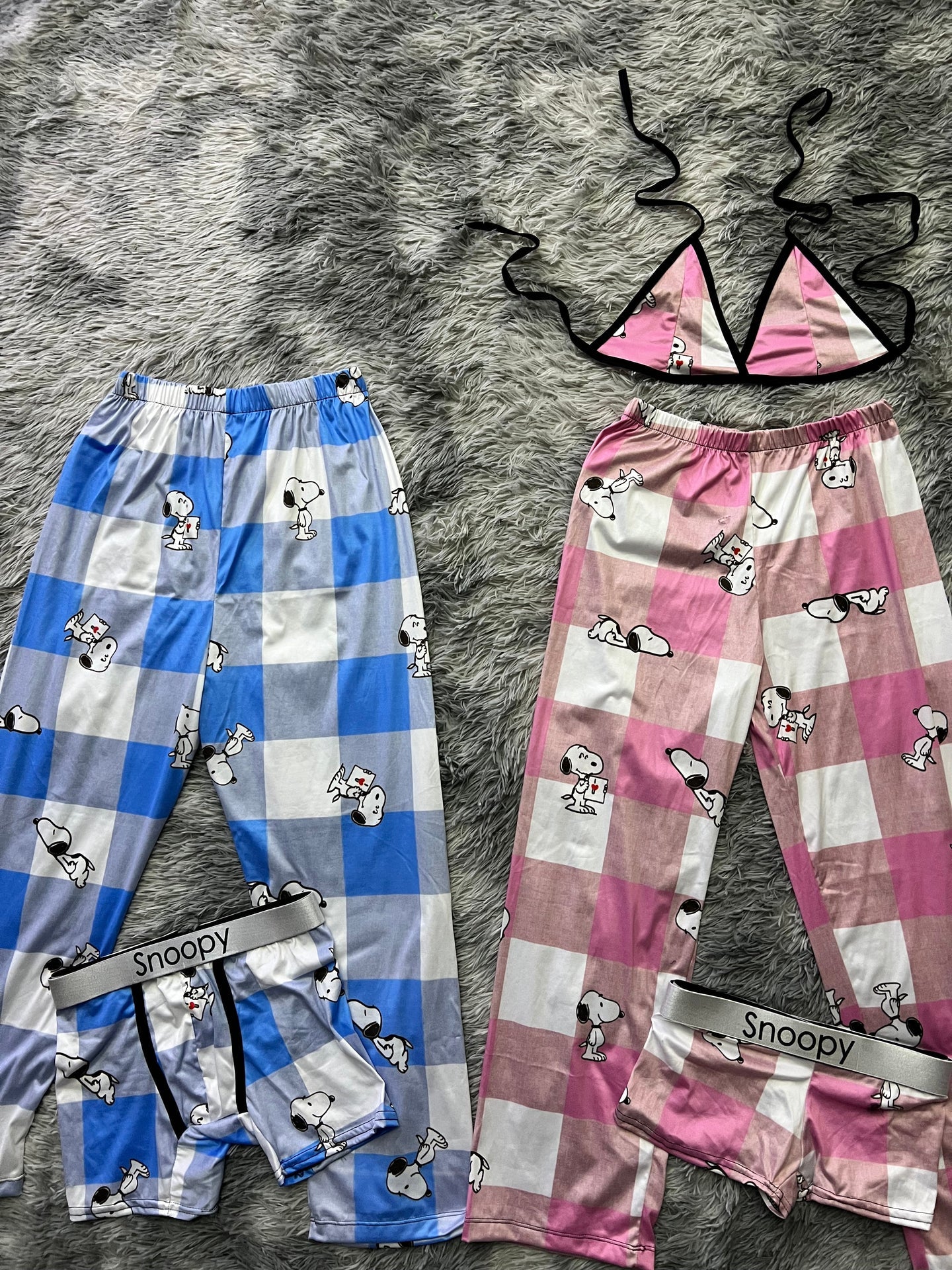 snoopy cuadros azules y rosas pijama 5 piezas