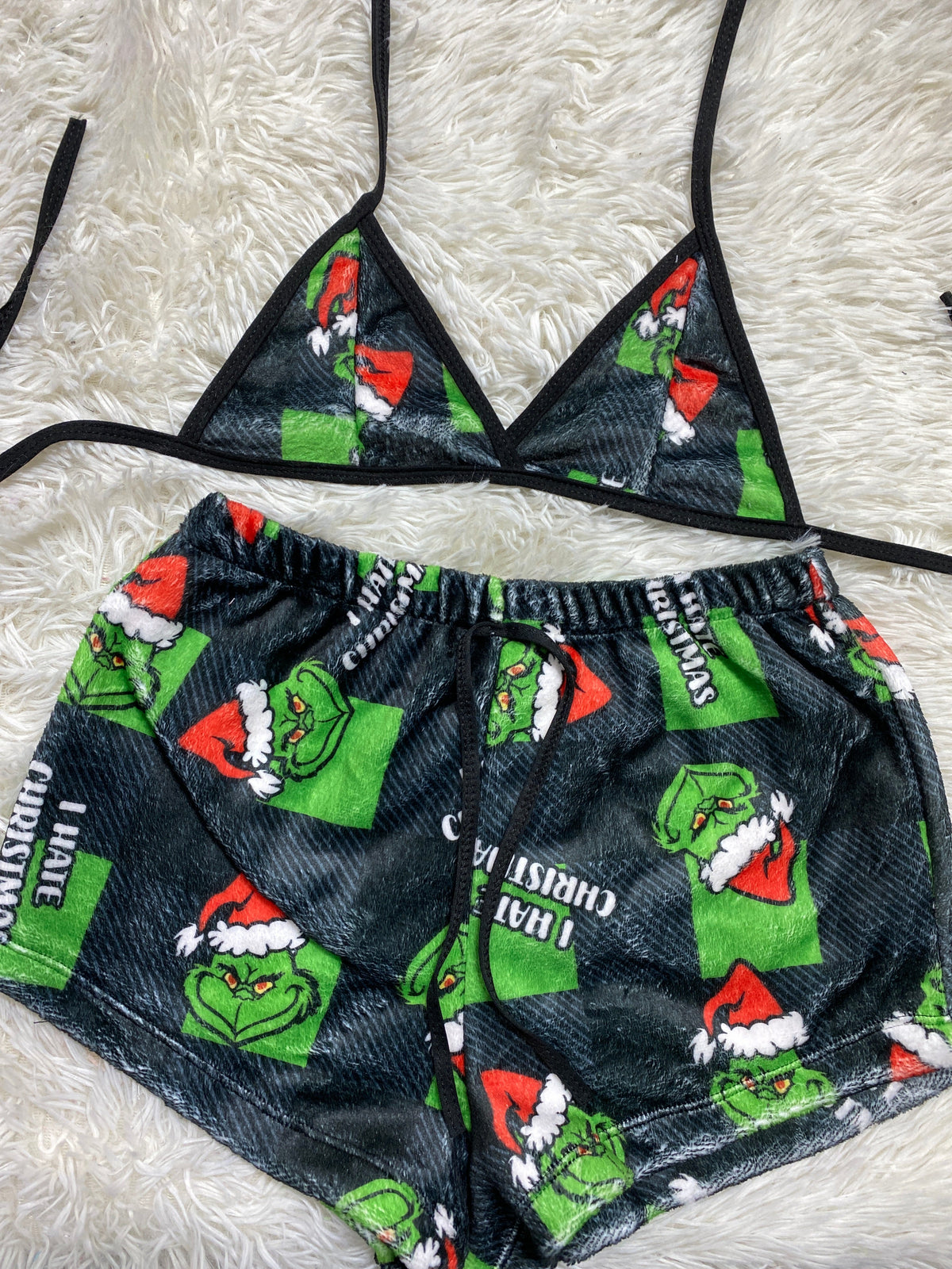 Grinch cuadros negros y verdes top Con Short Unitalla De Afelpado