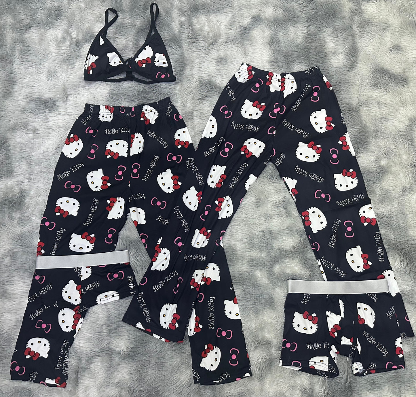 Hello Kitty Print Negro Estampado Dibujos Pijama Unisex Conjunto 5 Piezas Duo Unitalla de 5 piezas