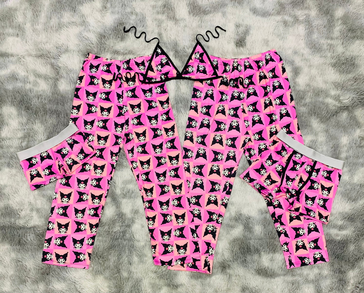 Kuromi Rosa Rayas Cozy Couple Pijama De 5 Piezas