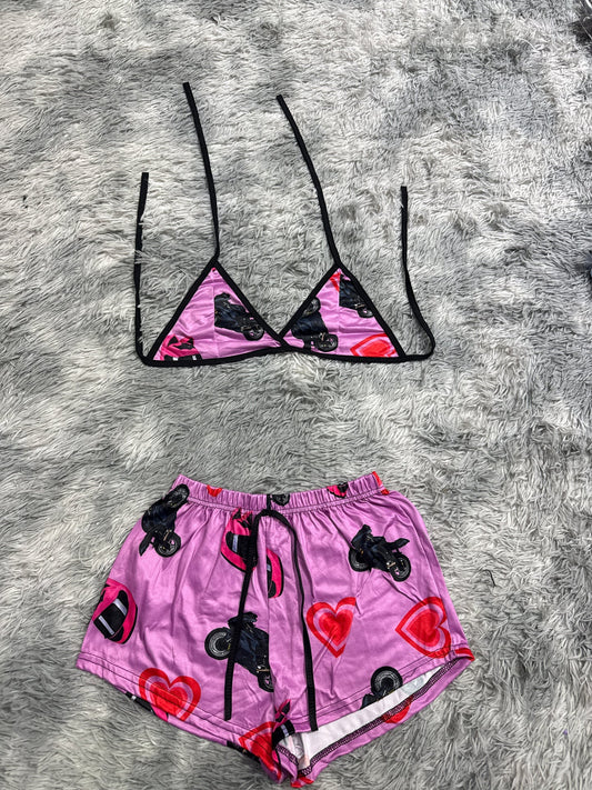 Motos morado con corazones rojos Top con short unitalla de brush