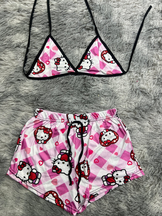 Hello kitty cuadros rosas y corazones rojos Top con short unitalla de brush