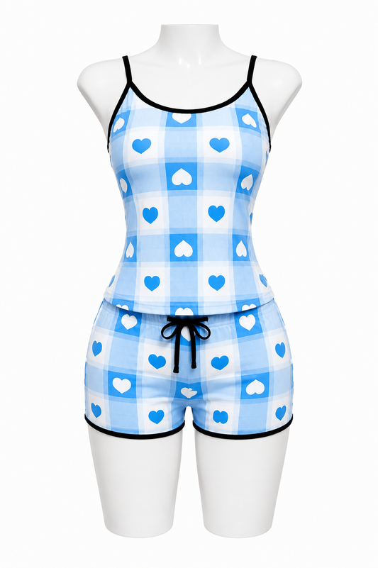 cuadros de corazon azul blusa con short