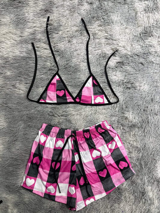 Cuadros Y Corazones Rosas Con Negro Top Con Short Unitalla De Brush