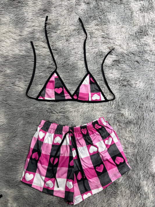 Cuadros y corazones rosas con negro Top con short unitalla de brush