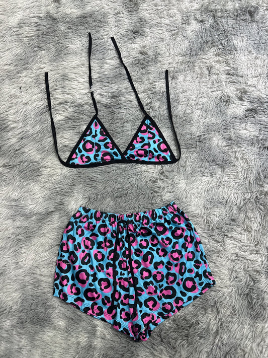 Leopardo azul y rosa Top con short unitalla de brush