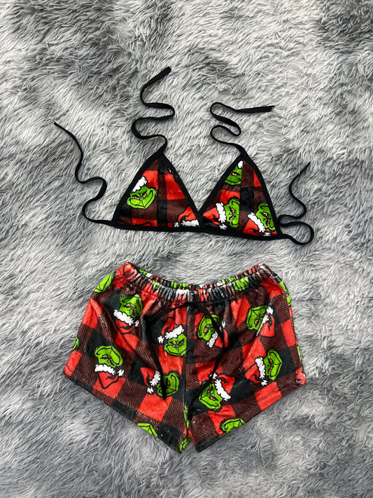 El Grinch Cuadros Rojos Top Con Short Unitalla De Afelpada