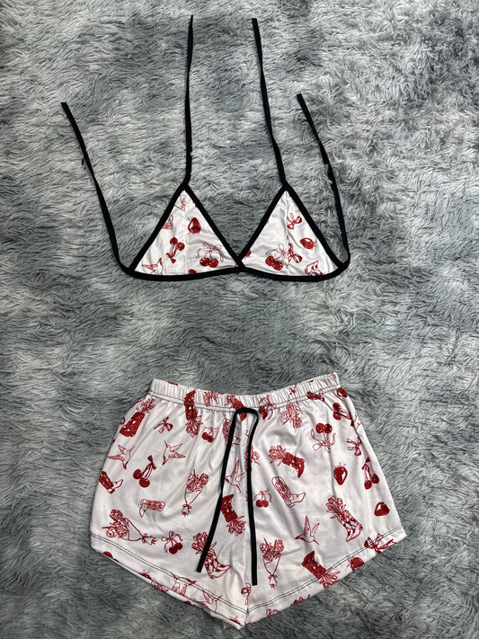 Cerezas blanco y rojo Top con short unitalla de brush