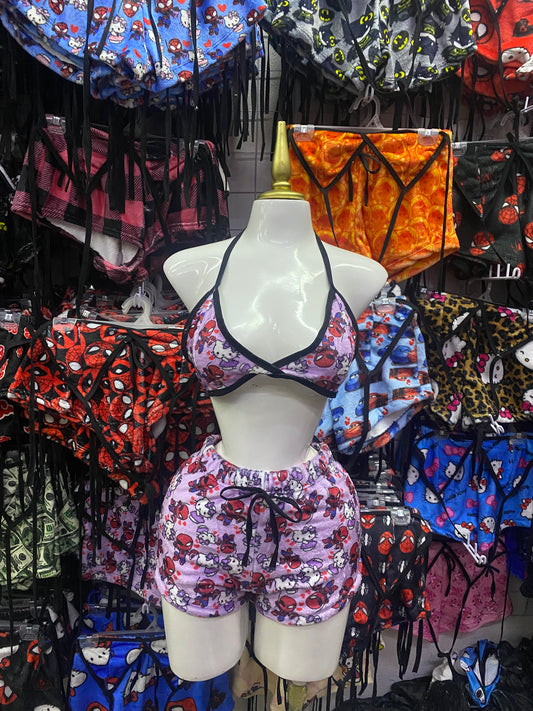 Spiderman kitty morado Pijama de dama short con top individual de dama afelpado