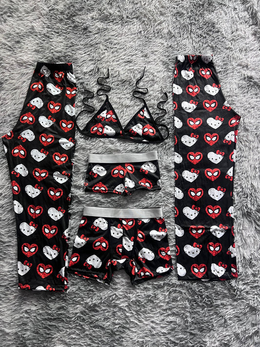 Spider Hello Kitty Corazones Fondo Negro Pijama De 5 Piezas