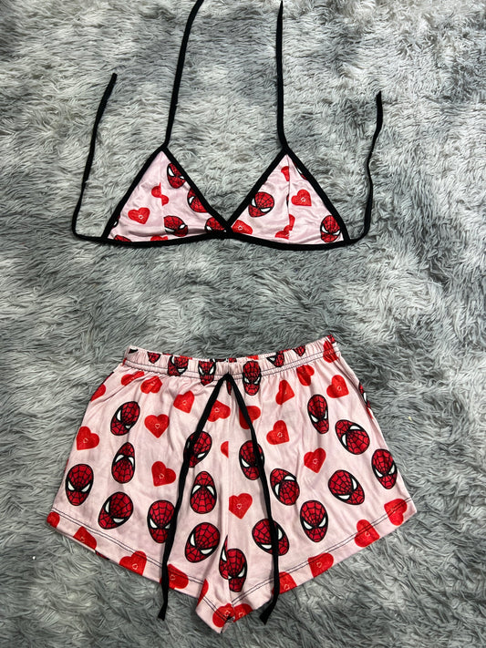 Spiderman rosa con corazones rojos Top con short unitalla de brush