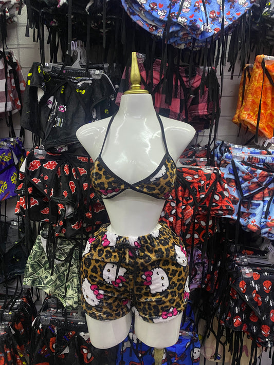 Hello Kitty animal print Pijama de dama short con top individual de dama afelpado