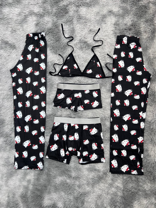 Hello Kitty Caritas Fondo Negro Pijama De 5 Piezas