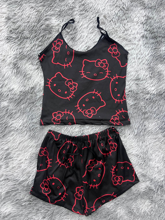 Hello Kitty Rojo Fondo Negro Top Con Short Unitalla De Brush