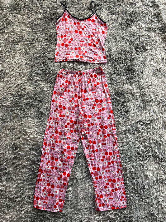 Flores, Cerezas Y Corazones Rosas Blusa Con Pantalón Pijama De Dama