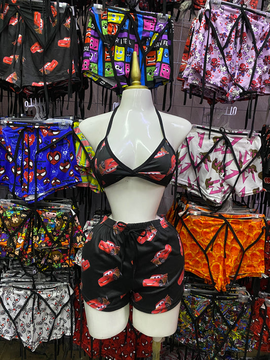 Rayo McQueen fondo negro Pijama de dama short con top individual de dama