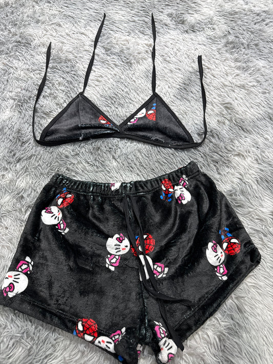 Spiderman Hello Kitty Fondo Negro Top Con Short Unitalla De Afelpado