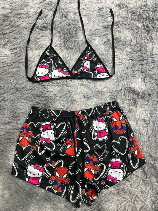 Spiderkitty Negro Con Corazones Blancos Top Con Short Unitalla De Brush