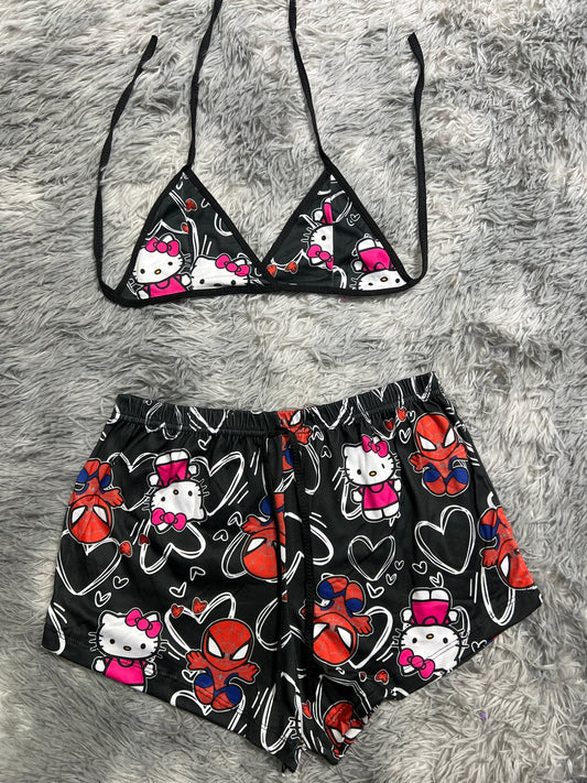 spiderkitty negro con corazones blancos Top con short unitalla de brush