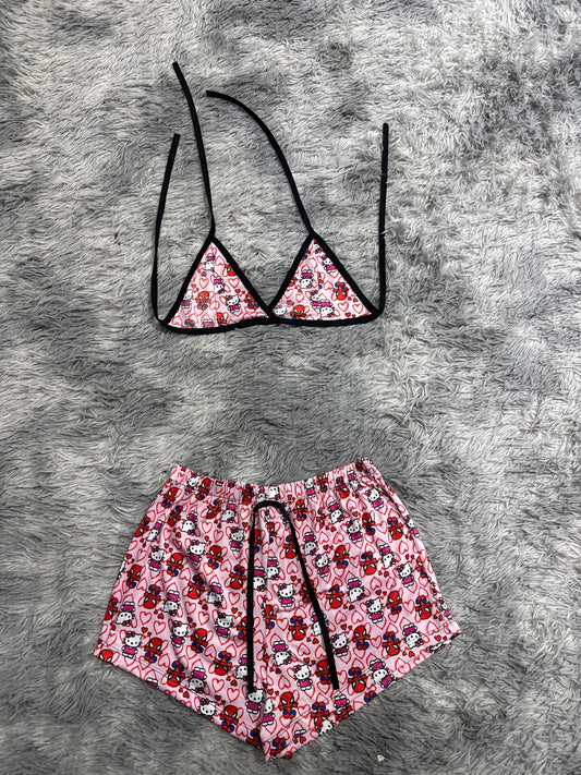 Spiderkitty rosa con corazones rojos Top con short unitalla de brush