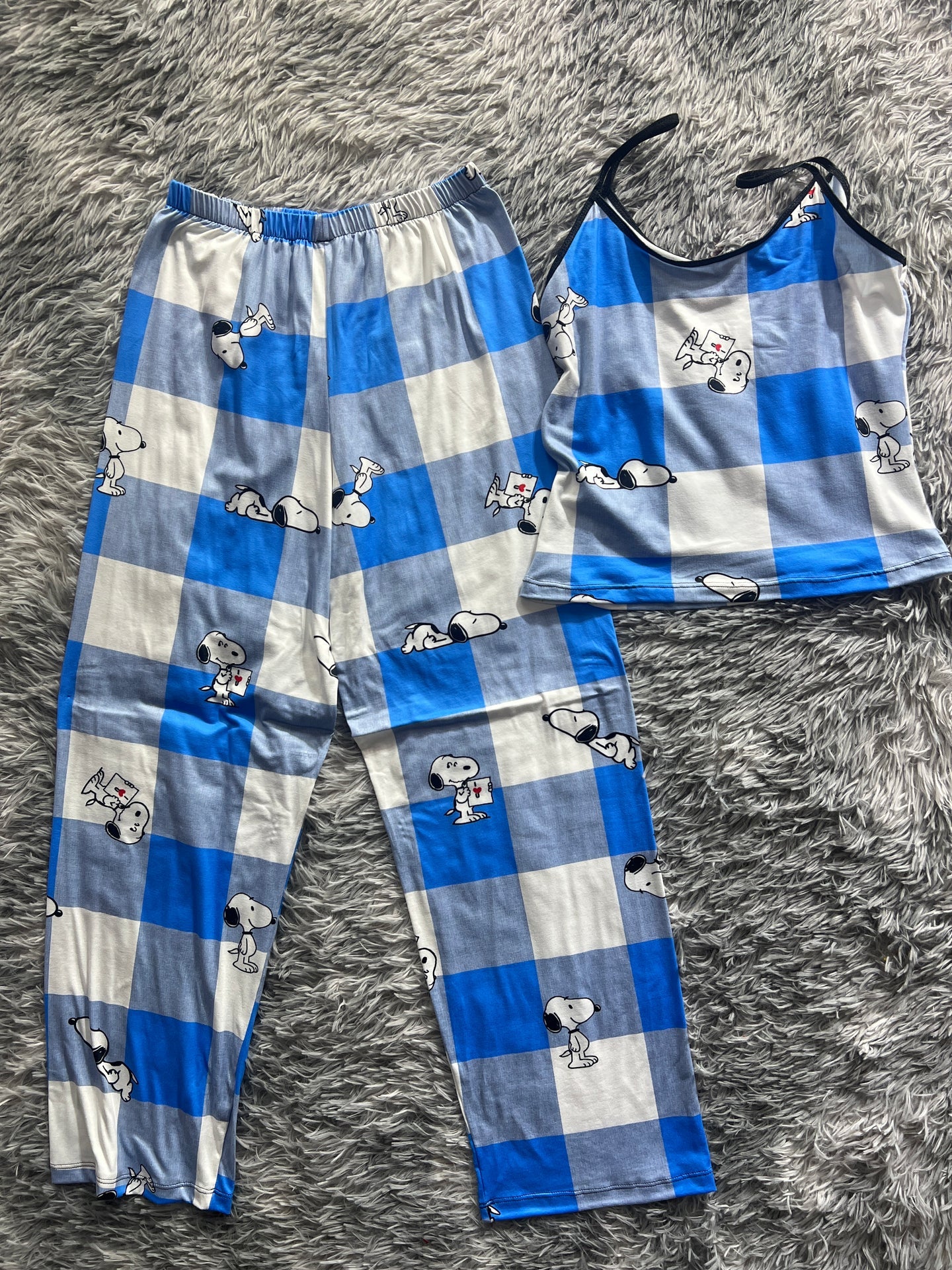 Snoopy cuadros azules blusa con pantalón pijama de dama