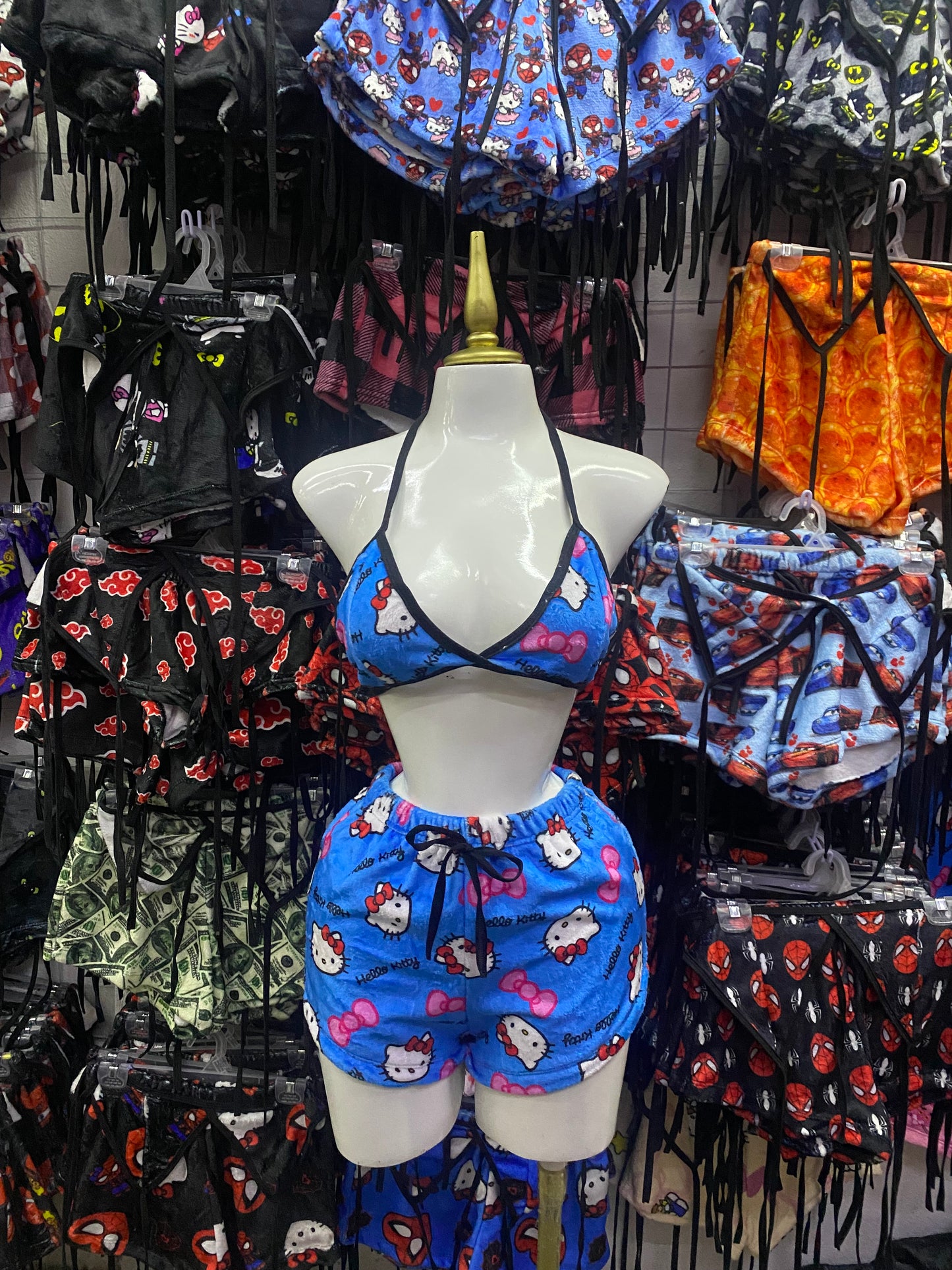 Hello kitty moños rosas fondo azul Pijama de dama short con top individual de dama afelpado