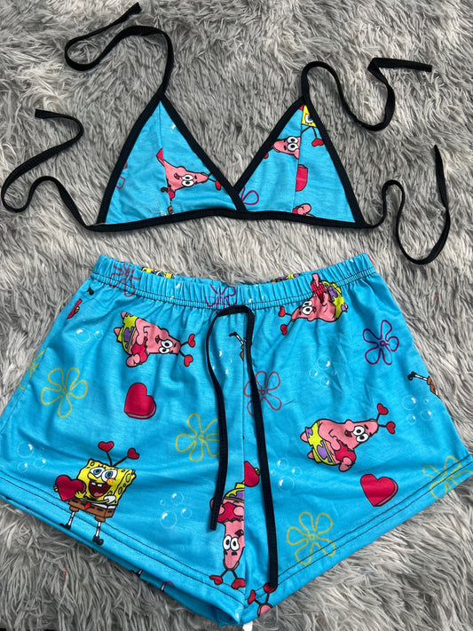 bob Esponja Y Patricio Corazones Fondo Azul Top Con Short Unitalla De Brush