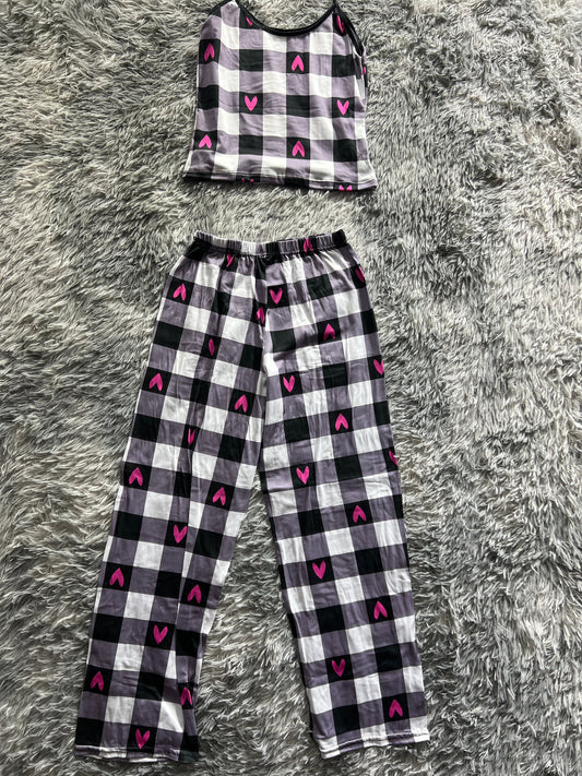 Cuadros Gris Con Corazones Blusa Con Pantalón Pijama De Dama