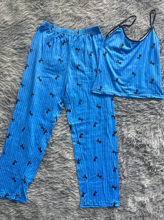 Moños Azul Blusa Con Pantalón Pijama De Dama