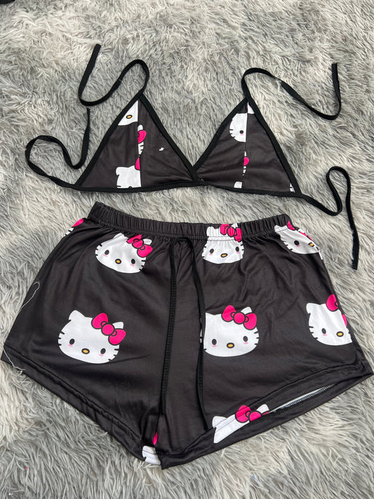Hello Kitty Caras Fondo Negro Top Con Short Unitalla De Brush