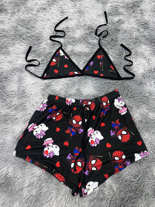 Spiderkitty Flores Fondo Negro Top Con Short Unitalla De Brush