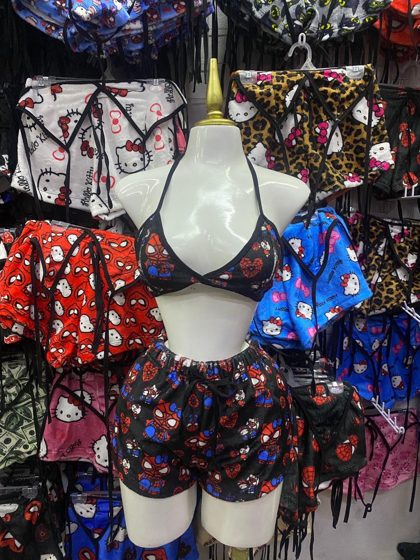 Spider kitty clásico negro Pijama de dama short con top individual de dama afelpado