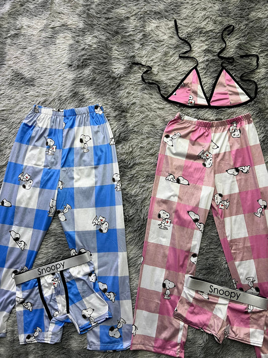 snoopy cuadros azules y rosas pijama 5 piezas