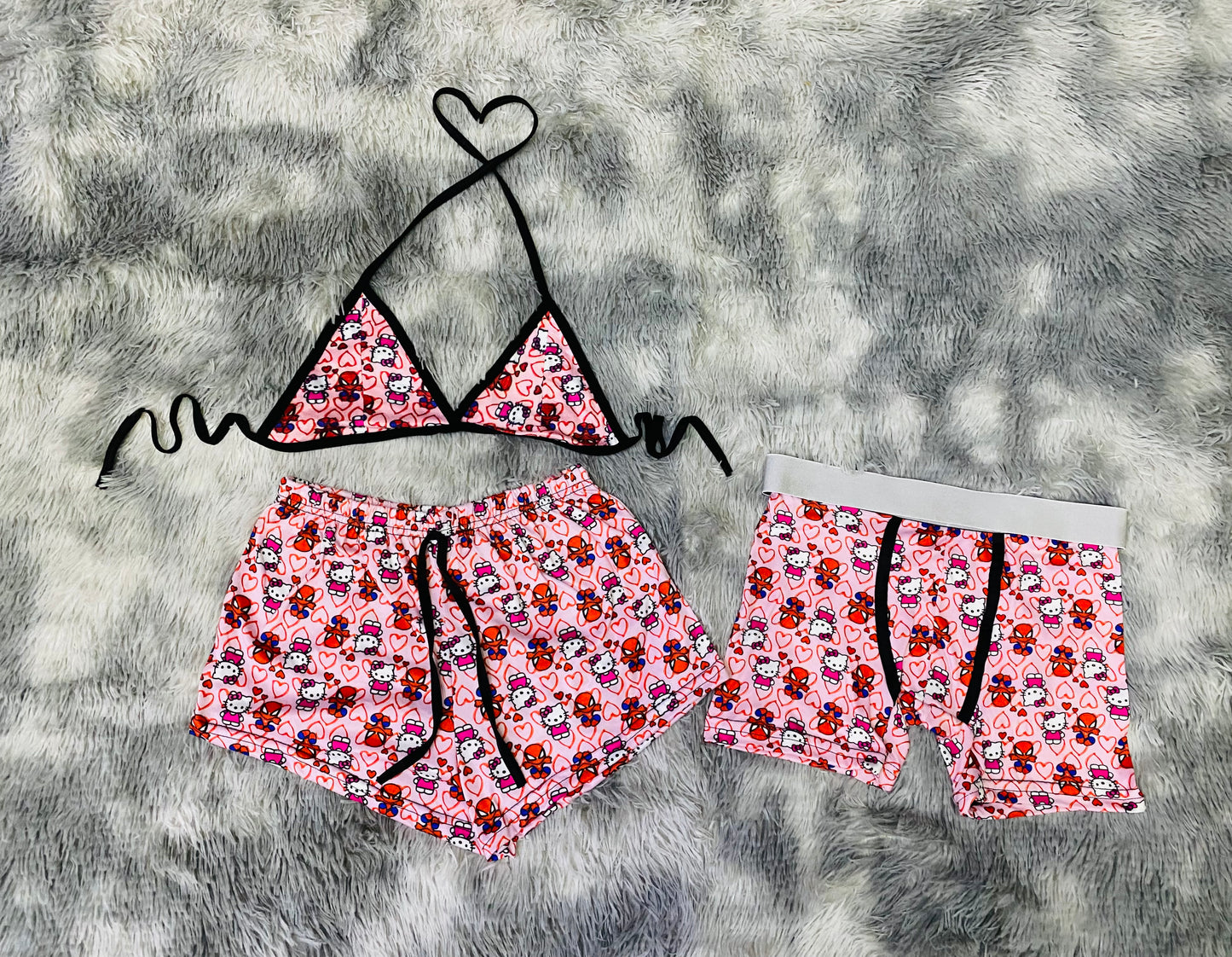 short con top y Bóxer Spiderman y Kitty (Fondo Rosa)