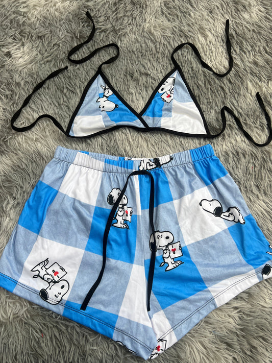 Snoopy Fondo Cuadros Azules Y Blancos Top Con Short Unitalla De Brush