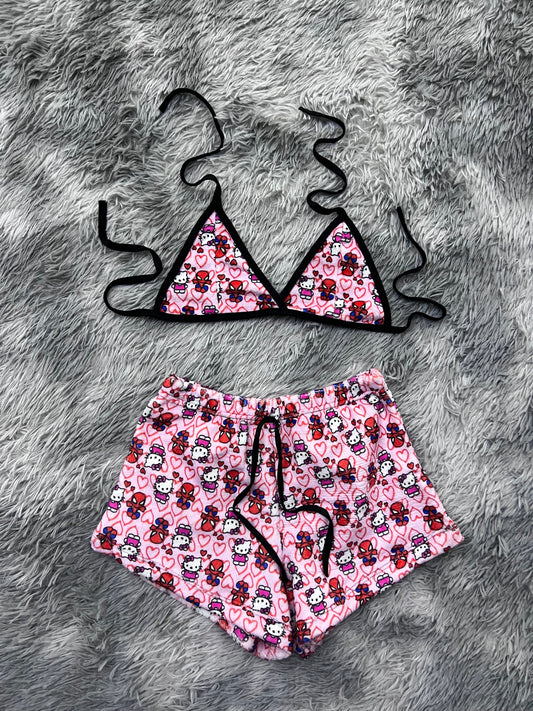 Hello Kitty Spiderman Fondo Rosa Top Con Short Unitalla De Afelpado