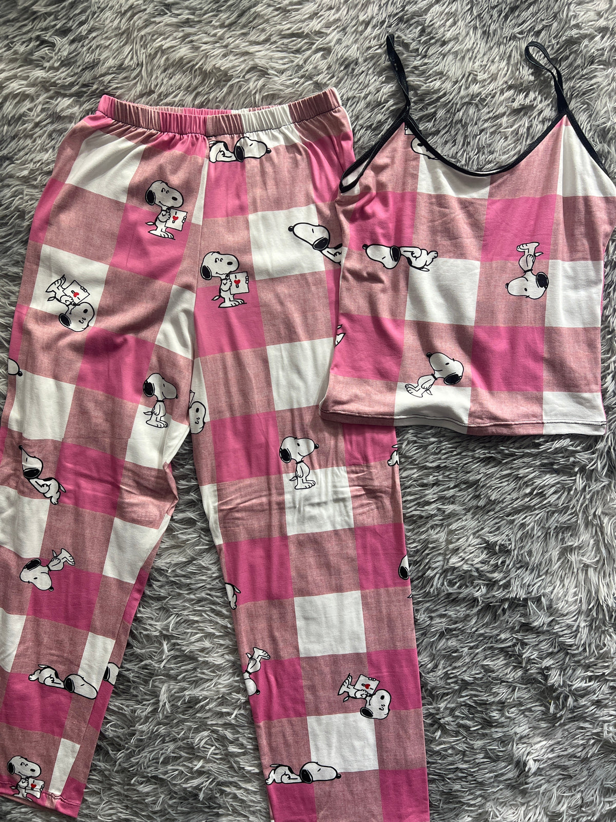 Snoopy Cuadros Rosas Blusa Con Pantalón Pijama De Dama