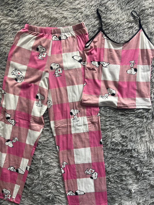 Snoopy Cuadros Rosas Blusa Con Pantalón Pijama De Dama