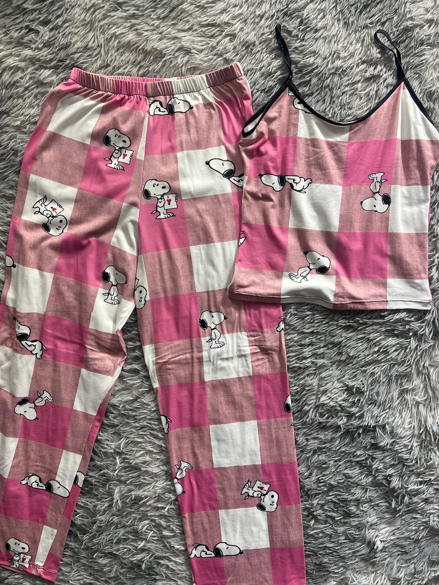 Snoopy cuadros rosas blusa con pantalón pijama de dama