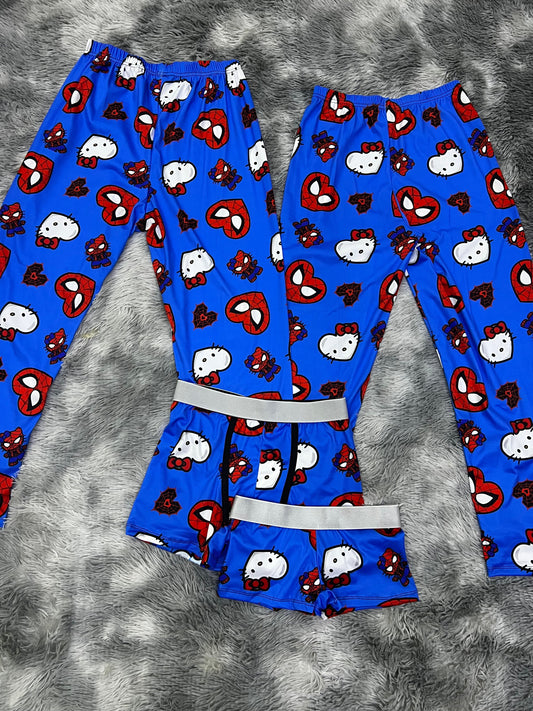 Spiderkitty Azul Pijama 5 Piezas Conjunto Para Dormir Boxer Mujer Boxer Hombre Pantalón Mujer Pantalón Hombre Top
