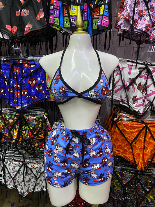 Spider kitty find azul Pijama de dama short con top individual de dama