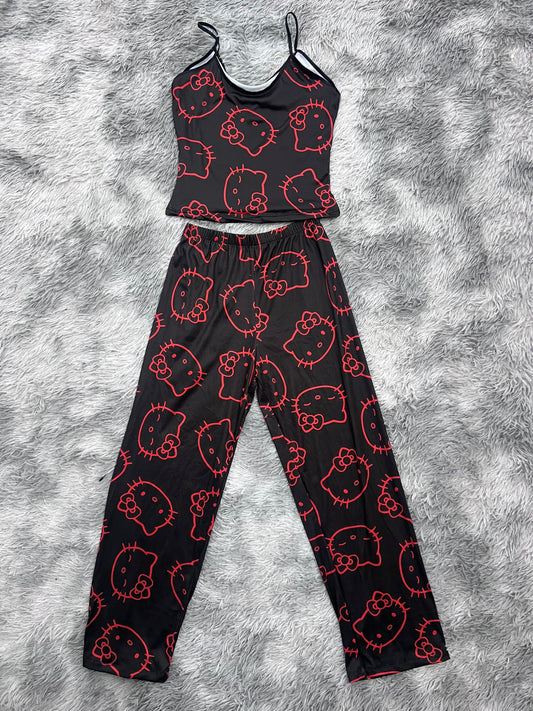 Hello Kitty Rojo Fondo Negro Blusa Con Pantalón Pijama De Dama