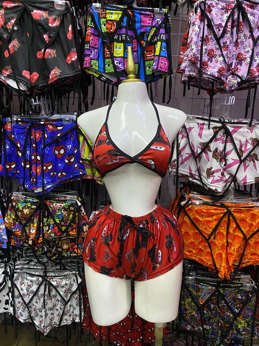 Rayo mcqueen fondo rojo Pijama de dama short con top individual de dama