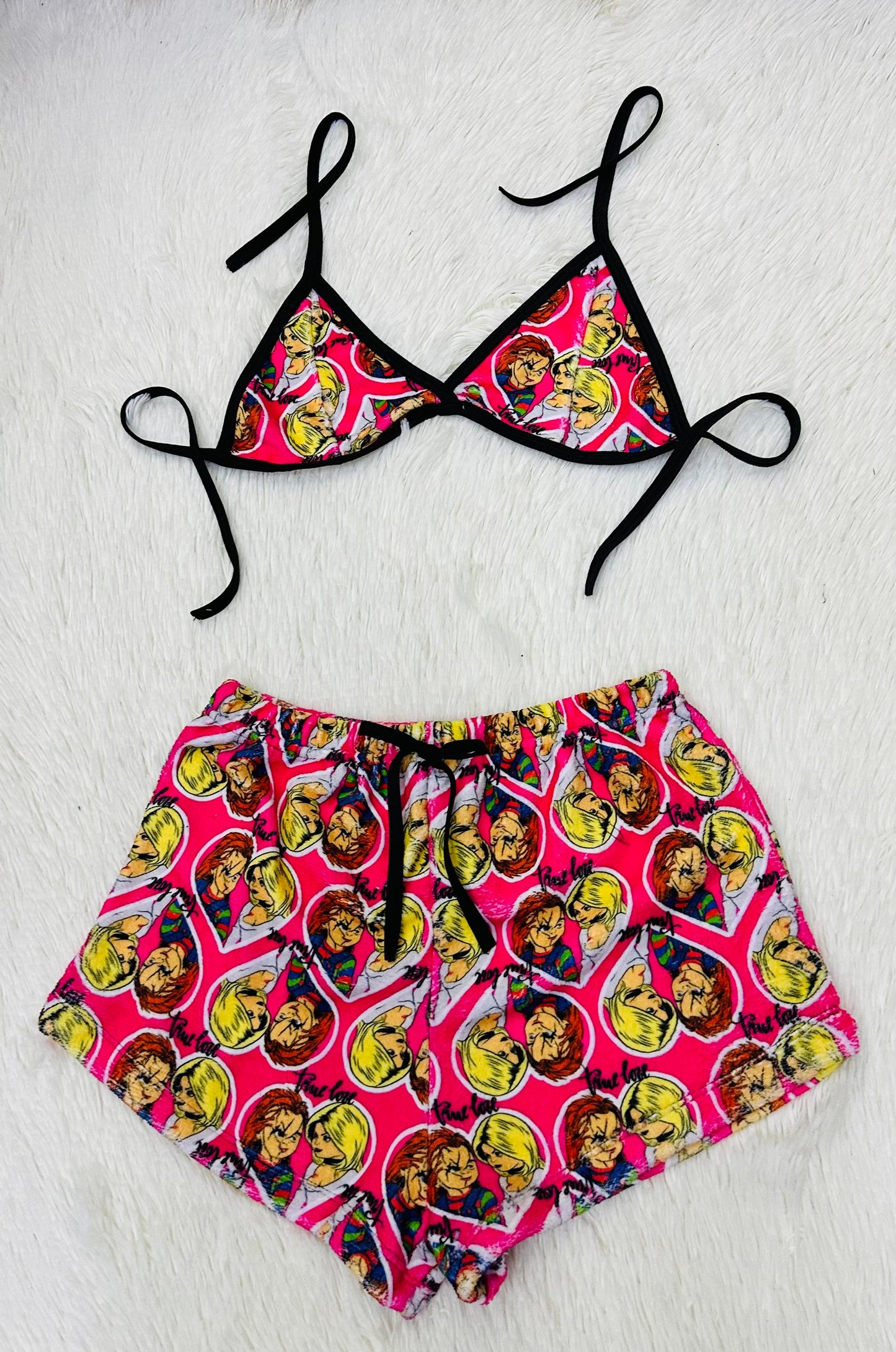 Pijama Pareja Lazo Conjunto Dormitorio Tejido Algodón Punto Textura Negro short con top